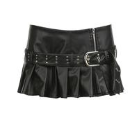 FENXIXIONE Women's Metallic Split Side Low Rise Drop Waist Pleated Sexy Punk Short Skirt Studded Belt Split Leather Skirt (Black,S)