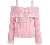 FENXIXIONE Women's Off Shoulder Short Sweaters Flirty Ribbed Knit Pullover Lace Long Sleeve Top, Pink, M