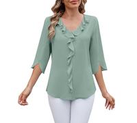 FENXIXIONE Womens Plus Size Dressy Casual Tops 3/4 Length Sleeve V Neck Ruffle Chiffon Blouses Summer Loose Fit Tunic Shirts (Green,M)