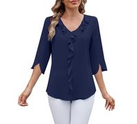 FENXIXIONE Womens Plus Size Dressy Casual Tops 3/4 Length Sleeve V Neck Ruffle Chiffon Blouses Summer Loose Fit Tunic Shirts (Blue,M)