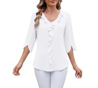 FENXIXIONE Womens Plus Size Dressy Casual Tops 3/4 Length Sleeve V Neck Ruffle Chiffon Blouses Summer Loose Fit Tunic Shirts (White,M)
