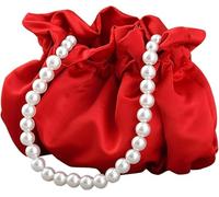 FENXIXIONE Women's Satin Small Wristlet Pearl Handle Bag Cute Handle Beaded Purses Beige Pearl Purse for Wedding Cocktail (Red)
