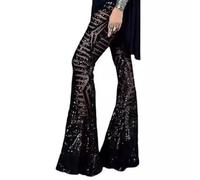 FENXIXIONE Womens Sequin Pants High Waisted Sparkle Bell Bottoms Trousers Glitter Wide Leg Flare Pants (XL,Black)