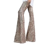 FENXIXIONE Womens Sequin Pants High Waisted Sparkle Bell Bottoms Trousers Glitter Wide Leg Flare Pants (L,Apricot)