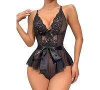 FENXIXIONE Women's Sexy Lace Mesh Bodysuit Criss Cross Back Babydoll Sleepwear Teddy Lingerie with Belted (L,Black)