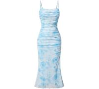 FENXIXIONE Women's Sexy Mesh Midi Dress Floral Ruched Adjustable Spaghetti Strap Bodycon Dress Fishtail Cami Dresses (S,Blue)