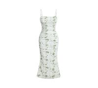 FENXIXIONE Women's Sexy Mesh Midi Dress Floral Ruched Adjustable Spaghetti Strap Bodycon Dress Fishtail Cami Dresses (XL,Green)
