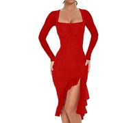 FENXIXIONE Women's Sexy Ruched Bodycon Midi Dresses Elegant Mesh Long Sleeve Square Neck Ruffle Hem Cocktail Party Dress (Red-a,S)