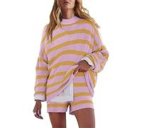 FENXIXIONE Women's Striped Knit Lounge Sets Oversized Long Sleeve Top and 2024 Casual Shorts Suit Matching Clothes 2 Piece Outfits (L,Pink Yellow)