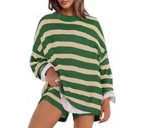 FENXIXIONE Women's Striped Knit Lounge Sets Oversized Long Sleeve Top and 2024 Casual Shorts Suit Matching Clothes 2 Piece Outfits (M,Green Beige)