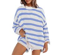 FENXIXIONE Women's Striped Knit Lounge Sets Oversized Long Sleeve Top and 2024 Casual Shorts Suit Matching Clothes 2 Piece Outfits (L,Blue white)