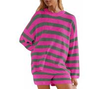 FENXIXIONE Women's Striped Knit Lounge Sets Oversized Long Sleeve Top and 2024 Casual Shorts Suit Matching Clothes 2 Piece Outfits (L,Purple Green)