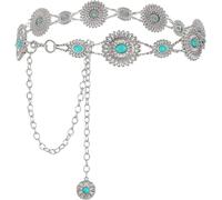 FENXIXIONE Womens Western Concho Chain Belt - Cowgirl Metal Boho Waist Belt for Dresses Jeans (45.27in/115cm,Silver Chain-green Turquoise)