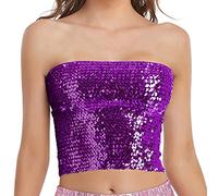 Womens Sparkly Sequin Mermaid Crop Tops, Strapless Metallic Tube Tops for Party Clubwear, Purple, One Size