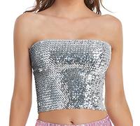 Fenyong Womens Sparkly Sequin Mermaid Crop Tops, Strapless Metallic Tube Tops for Party Clubwear, Silver, One Size
