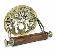 Fenzo Traditional Brass Toilet Roll Holder GWR Wooden Roller Victorian Railway Station Vintage Design Wall Mounted Loo Roll Holder, Elegant Touch, Easy Installation (Golden)