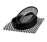 FEOOWV Retro Style Fast Food Basket (12Pk) and Checkered Deli Liner (100 Pk) Combo. Fast Food Basket Are Microwavable and Dishwasher Safe. Disposable Deli Paper Squares for Easy Cleanup(Black)