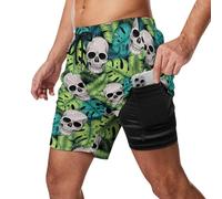 Feorafei Men'S Quick-Dry Swimming Trunks 7 Inch with Compression Liner 2 in 1 Beach Swim Board Shorts with Pockets, 927.skull Leaves, X-Large