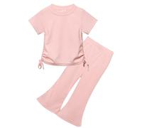 FEOYA 2Pcs Little Girls Bell-bottoms Outfits Birthday Outfit Ruffle Short Sleeve Summer Elastic Waist Side Drawstring Top Best Gift Pink 2-3 Years(Tag100)