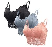 FEOYA 3 Pieces Bralette Women Padded Sports Bra Yoga Tank Lace Bras Wireless Seamless Bralette Fitness Workout Jogging Comfort Bralette Crop Top Women Vest Tops Black Pink Grey XL