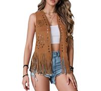 FEOYA 70s Long Fringed Waistcoats Tassel Women Cow Girl Outfit Suede Fringed Jacket Hippie Costume Brown S