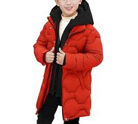 FEOYA Boys Hooded Parka Coat Kids Windproof Jacket Mid Length Winter Warm Casual Quilted Puffer Coat Outerwear Tangerine 9-10 Years
