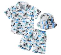 FEOYA Boys Summer Clothes Hawaiian Outfit 3Pcs Set Beachwear Hat Button-Down Shirt Top Shorts with Elastic Waist for Kids White Coconut 5-6 Years