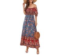 FEOYA Casual Floral Bohemian Dresses for Women UK Women's Long Flower Printed Dress A Line Off Shoulder Dress Ladies Midi Puff Short Sleeve Smock Dress Flowy Square Neck Boho Maxi Dress Beach Blue M