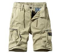 FEOYA Combat Cargo Work Shorts for Men Summer Elasticated Waist Multi Pocket Shorts Casual Cotton Utility Safety Short with Drawstring Straight Leg Hiking Camping Half Pants A Khaki 30 Waist