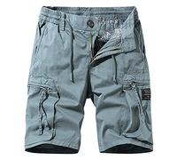 FEOYA Combat Cargo Work Shorts for Men Summer Elasticated Waist Multi Pocket Shorts Casual Cotton Utility Safety Short with Drawstring Straight Leg Hiking Camping Half Pants A Light Blue 34 Waist