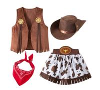 FEOYA Cowgirl Toddler Outfit Classic Suede Vest Suit Halloween Woody Costumes Set with Skirt Hat 4 Pcs Western Style Role Play Clothes 18-24 Months