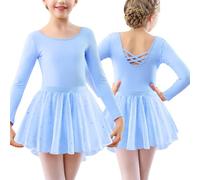 FEOYA Dance Dress for Girls Long Sleeve Sequin Ballet Leotard Gymnastics Ballerina Costume with Skirt Cross Straps Outfit Dancewear for 6-7 Years Blue