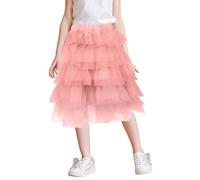 FEOYA Girl Tutu Tulle Skirt Elastic High Waist Layered Mesh Tiered A-line Birthday Party Skirt for Kid Pink 7-8 Years