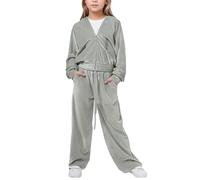 FEOYA Girl's 2 Piece Track Sweat Suit Trendy Athletic Sweatshirts Wide Leg Pant Sweatsuits Zipper Cute Hoodies Clothing Set Velvet Solid Tracksuit Grey 11-12 Years