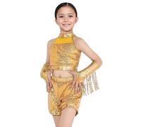 FEOYA Girls Glitter Sleeveless Crop Shirt Holographic Shorts with Tassel Gloves Metallic Disco Jazz 0utfit Gold 10-11 Years