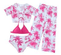 FEOYA Girl's High Waisted Bikini Swimsuit V Neck Cute Spaghetti Strap Triangle with Beach Rash Guard Pants Criss Cross Hawaiian Pink 10 Years