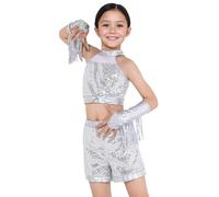 FEOYA Girl's Holographic Halter Neck Crop Vest Metallic Shorts with Tassel Gloves Sequin Concert Dance Clothing Sets Silver 6-7 Years