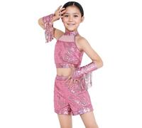 FEOYA Girls Holographic Sleeveless Crop Top Metallic Shorts with Tassel Gloves Sequin Disco Jazz Outfit Set Pink 6-7 Years