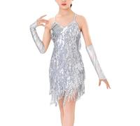 FEOYA Girls Latin Dress Shiny Sparkling Tassel Dancewear Ballroom Cha Cha Sequins Dance Costume Silver 5-7 Years