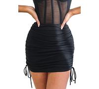 FEOYA High Waisted Ruched Bodycon Mini Skirt for Women Sexy Ribbed Stretch Skirt with Adjustable Side Drawstring Slim Fit Short Pencil Skirts A Black M