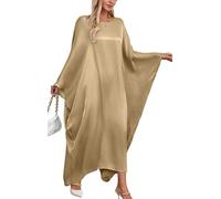 FEOYA Kaftan Dress for Women Batwing Sleeve Muslim Satin Maxi Dress Solid Color Boho Cover Ups Full Length Robe Dresses Loungewear Khaki