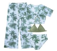 FEOYA Kids Girls Bathing Suit Green Tropical Floral Patterns Sun Protection 4 Piece Bikini Set Summer Holiday Beach Swimming Swimsuits with Mesh Pants Swimwear Age 10 Green