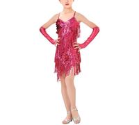FEOYA Kids Girls Tassel Dance Dress Sleeveless Halter Dance Outfits Sequin Fringe Performance Dancewear Ballroom Salsa Tango Jazz Clothes Set with Gloves for 8-9 Years Rose Red