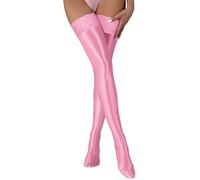 FEOYA Lace Thigh High Stockings Oil Glossy Stockings Women Tight Shiny Lace Top Over Knee Long Stocking Shimmery Pantyhose Lingerie Pink One Size
