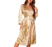 FEOYA Ladies Dressing Gowns Soft Silk Robe Lightweight Sleepwear Satin Bathrobe Nightdress Long Robes Satin Dressing Gown Nightwear Yellow S