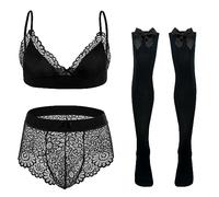 FEOYA Lenceria Para Hombre Crossdressing Clothes for Men Sissy Lingerie Sets Sheer Mesh Lace Bra Panties Set with Stockings Gay Nightwear 3 Pcs Black L