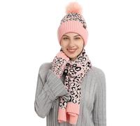 FEOYA Leopard Print Beanie Hat Scarf Touch Screen Gloves 3 Pieces Set for Womens Thick Lined Knit Cuffed Pompom Skull Cap Neck Warmer Mittens Pink