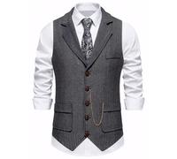 FEOYA Man Retro Western Suits Dress Costume with Button 1800S Herringbone Suit Vest Lapel Collar Wool Waistcoat Vintage Tweed Blazer Tuxedo Vests Grey XL