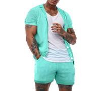 FEOYA Men Lace Mesh 2 Piece Outfits See Through Casual Shirts and Shorts Hollow Out Shorts Set, Green-1, XX-L