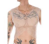 FEOYA Men Rhinestone Top Mesh Shirt Fishnet Vests Sparkly Rave Outfit Nightclub White M
